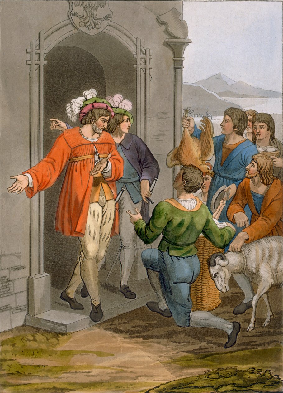 Camponeses dando dízimos, região alpina, c.1800-18 de Italian School
