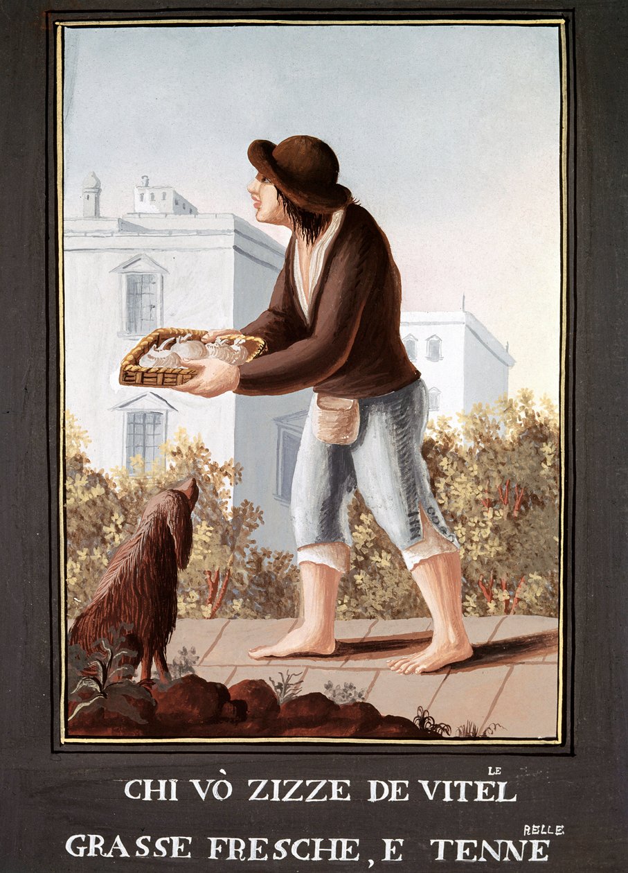 Petites Metiers Neapolitans: le vendant de mamelles de cow - (Comércio antigo: vendedor de úberes de vacas) Aguarela do século XIX - Nápoles Museo Nazionale di San Martino de Italian School