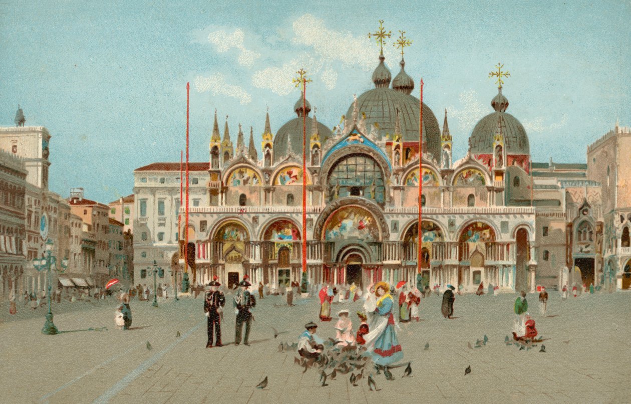 Piazza San Marco e Basílica de São Marcos, Veneza, Itália (cromolitografia) de Italian School