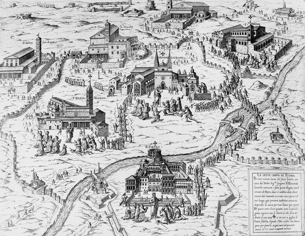 Peregrinos visitando Sete Igrejas de Roma durante o Ano Santo de 1575, gravura, Itália de Italian School