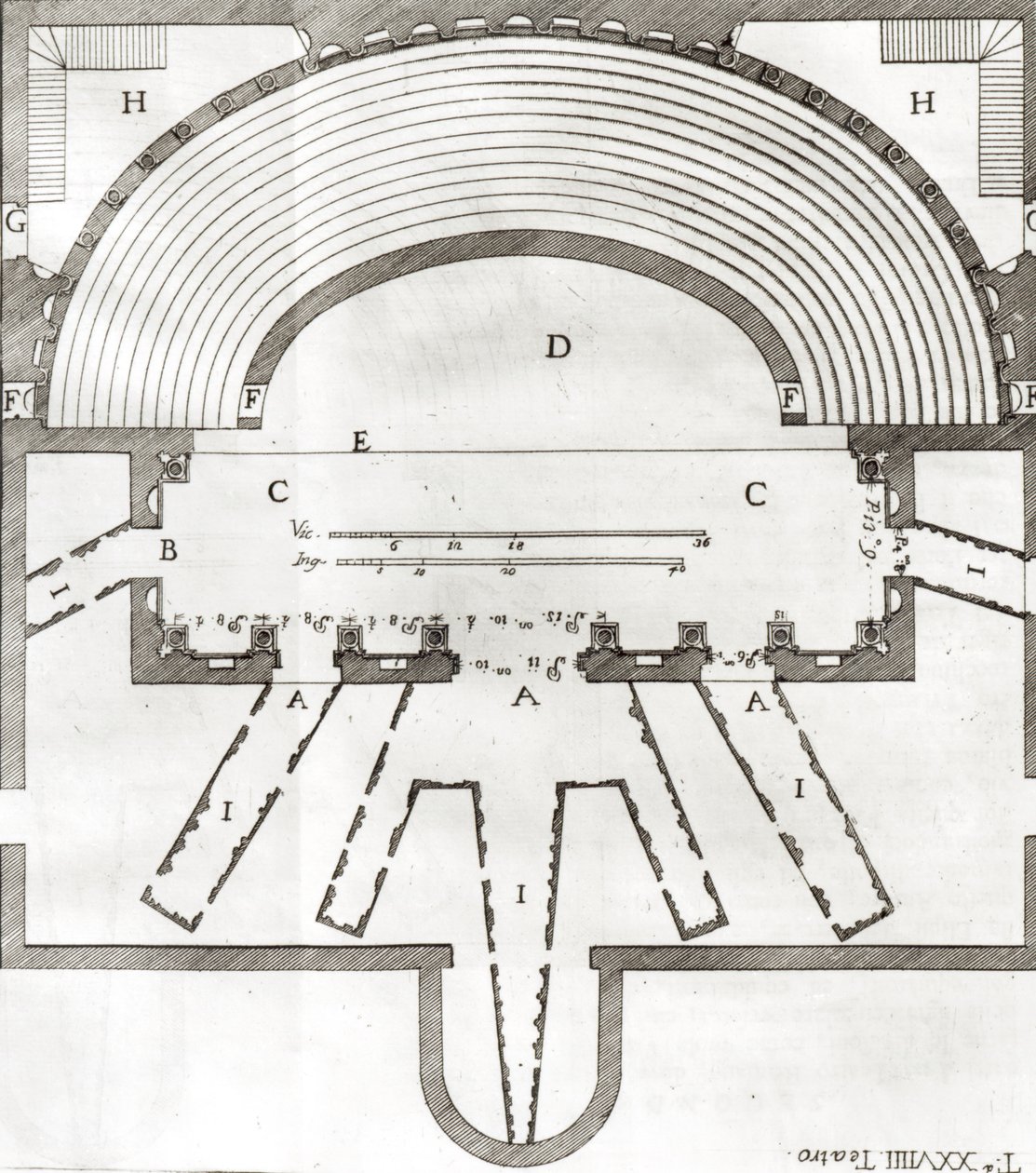 Plano do Teatro Olímpico, Vicenza, projetado por Andrea Palladio (1508-80) construído em 1580-85 de Italian School