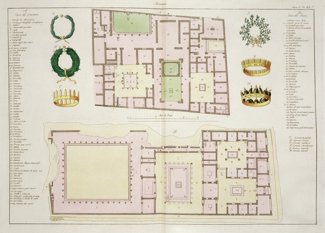 Planos da Casa do Questor e da Casa do Fauno, Pompéia, placa 25A, classe 5 da Parte I da História das Nações (aquatint) de Italian School