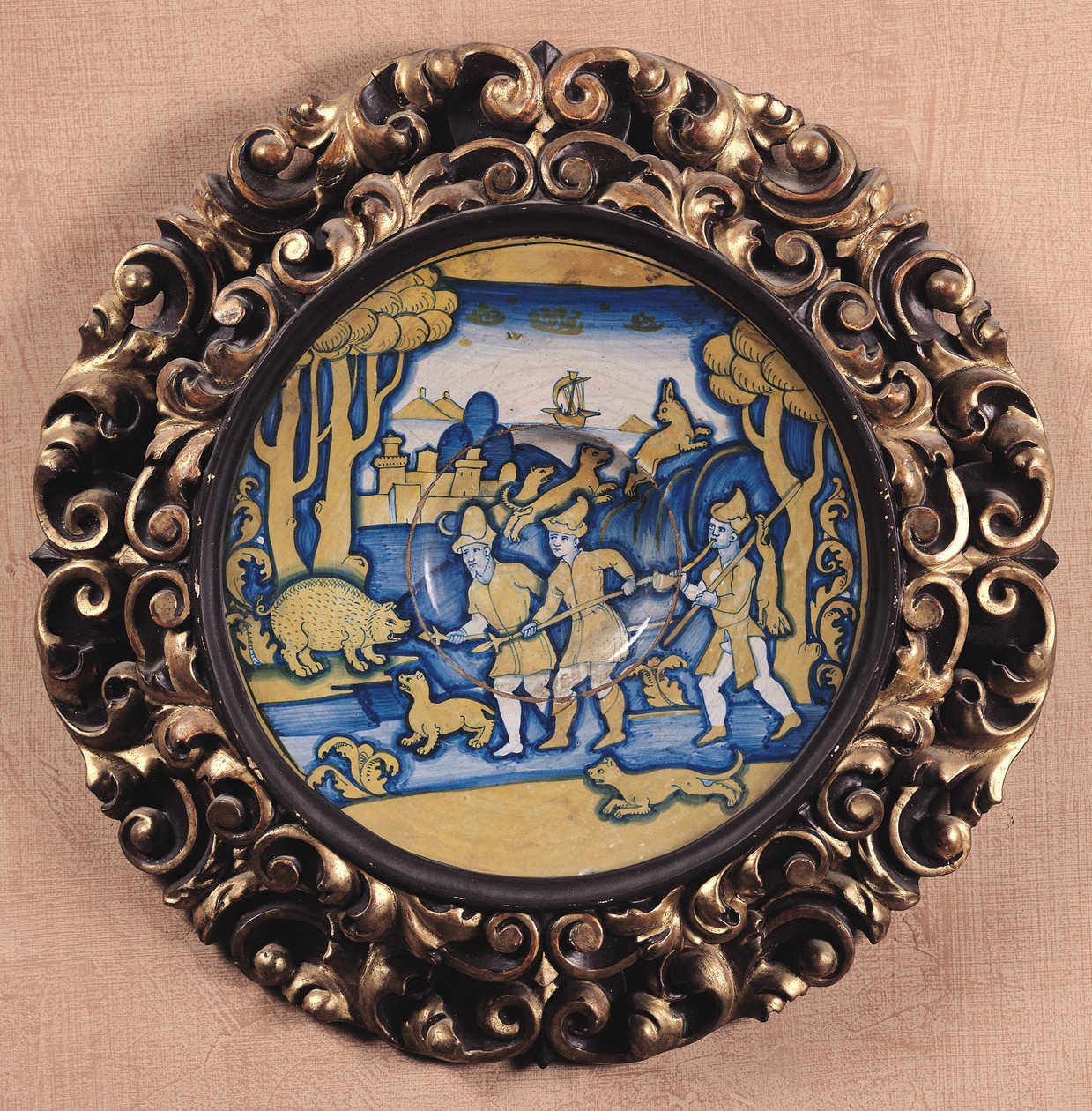 Prato decorado com uma cena de caça, Deruta Workshop, c.1540-45 (maiolica) de Italian School