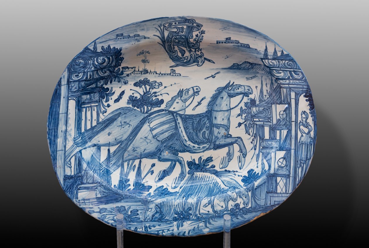 Prato decorado com cavalos de corrida e um brasão, primeira metade do século XVIII (majolica) de Italian School
