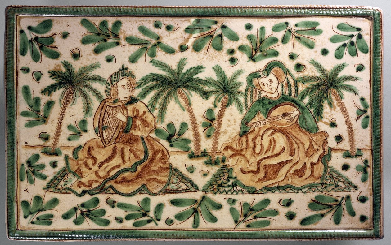 Prato com músicos num palmeiral, decoração inspirada no período de Frederico II, cerâmica decorativa, 30 cm, fabrico Alessi, Caltagirone, Sicília, Itália, século XX de Italian School