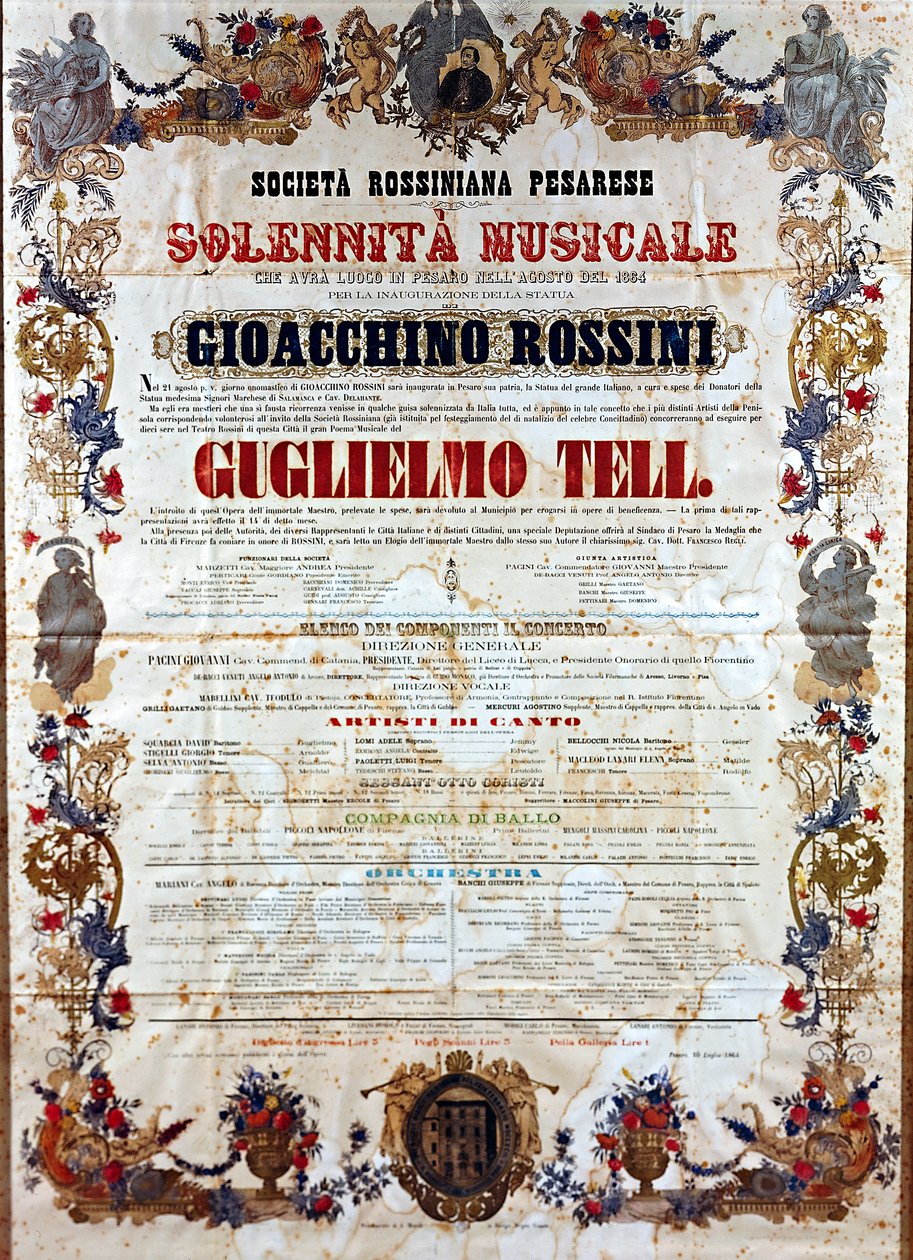 Playbill para Guillaume Tell, a ópera de Gioachino Rossini, c.1864 (cor litho) de Italian School