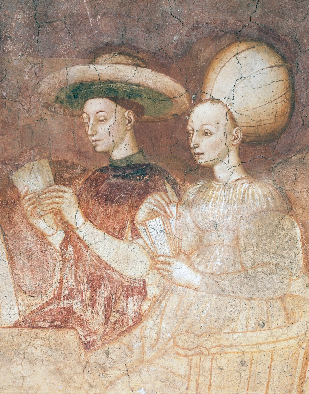 Jogando com cartas de tarô, cena do ciclo dos Jogos, ca 1445-1450, afresco, Palazzo Borromeo, Milão, Lombardia, Detalhe, Itália de Italian School