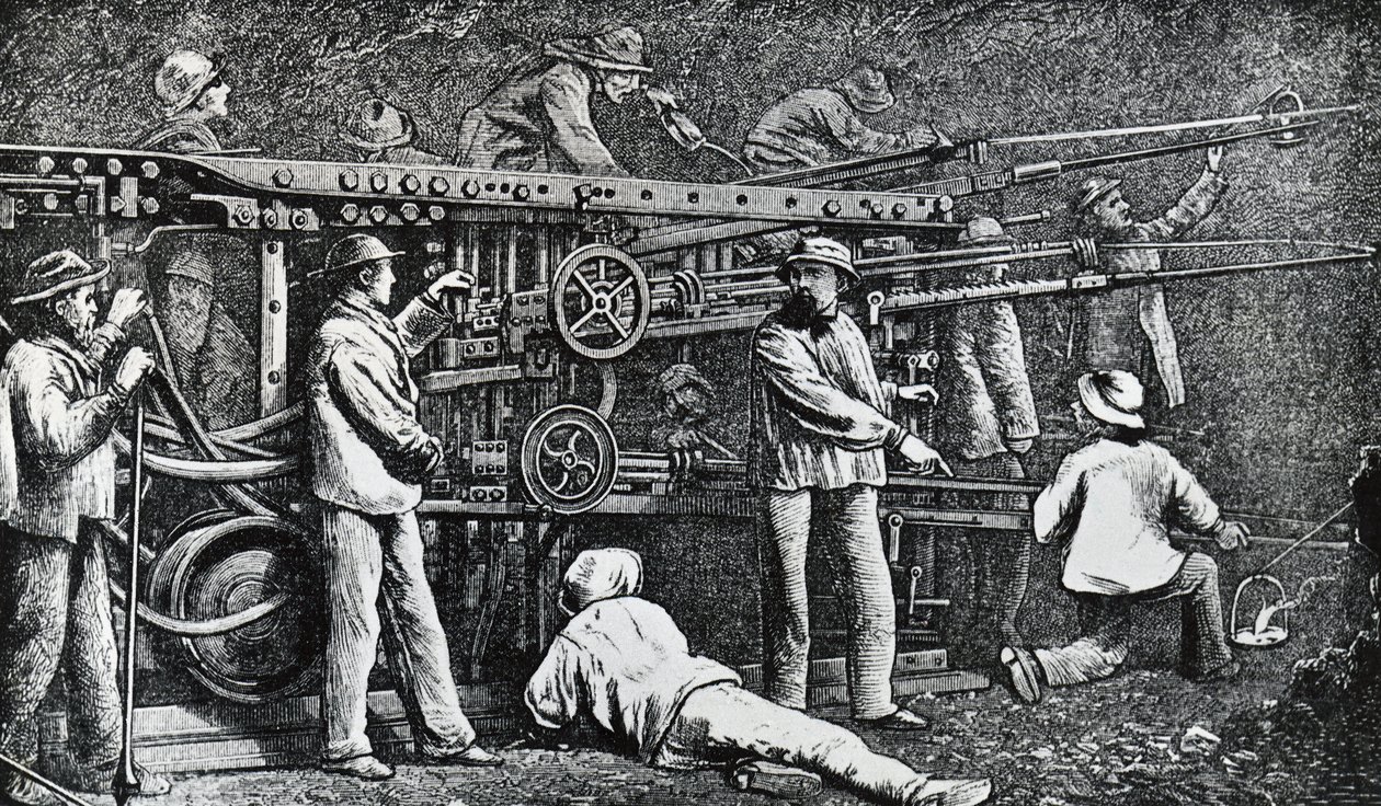 Perfuradora pneumática de rochas criada por Giovanni Battista Piatti e aperfeiçoada por Germano Sommeiller (1815-1871), gravando a Itália de Italian School