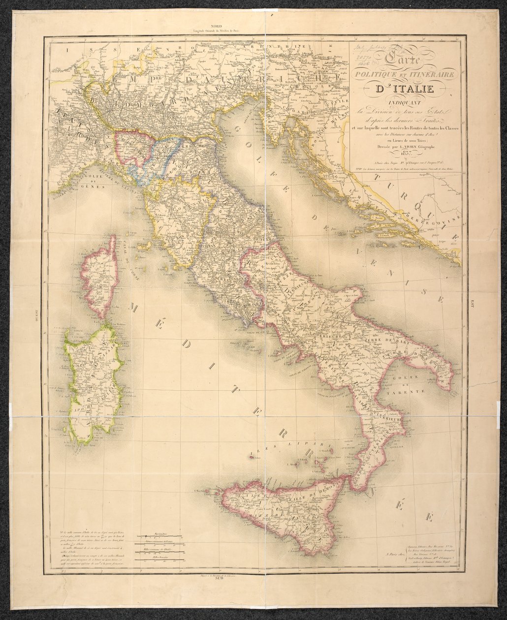 Mapa político indicando as divisões dos estados da Itália de Italian School