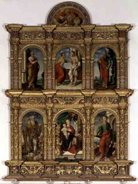 Políptico mostrando a Madonna e a Criança com santos (óleo no painel) de Italian School