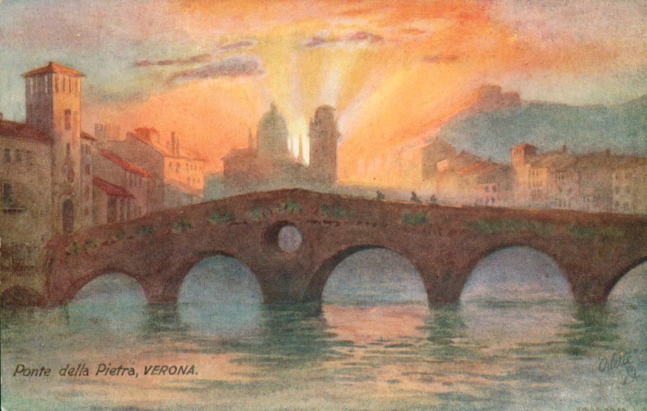 Ponte Pietra, a mais antiga ponte romana, Verona, Itália (litografia a cores) de Italian School