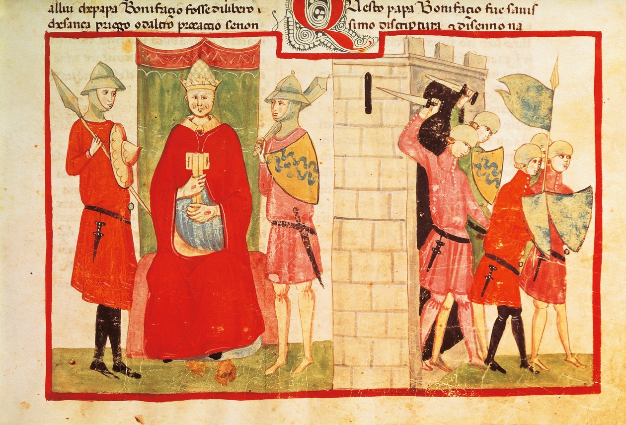 Papa Bonifácio VIII em Anagni e a expulsão de Sciarra Colonna (Giacomo Colonna) da cidade, miniatura da Crônica de Giovanni Villani, manuscrito Chigi L VIII 296 folio 176 recto, Itália Século XIV. de Italian School