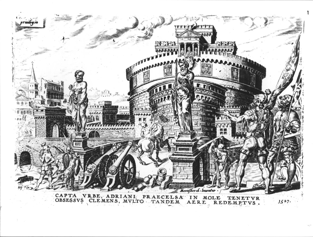 O papa Clemente VII (1478-1534) é ocupado por Charles V (1500-58) no alto da torre de Adriano, 1527 de Italian School