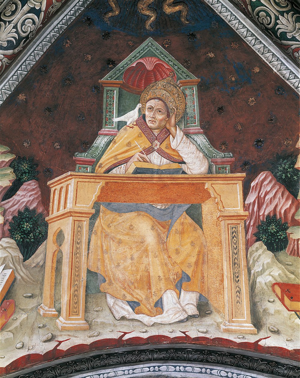 Papa Gregório I, na Capela de Santa Margarida de Antioquia, abóbada do Santuário de Santa Maria Assunta (fresco) de Italian School