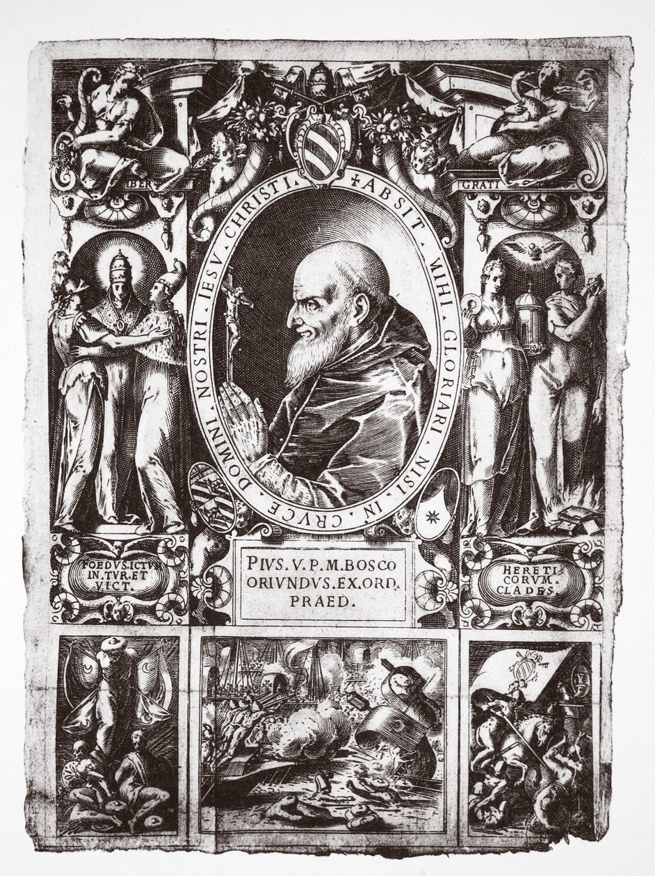 Papa Pio V, com vinhetas da Batalha de Lepanto, de Vita del Gloriosíssimo Papa Pio Quinto, pub. 1586 de Italian School