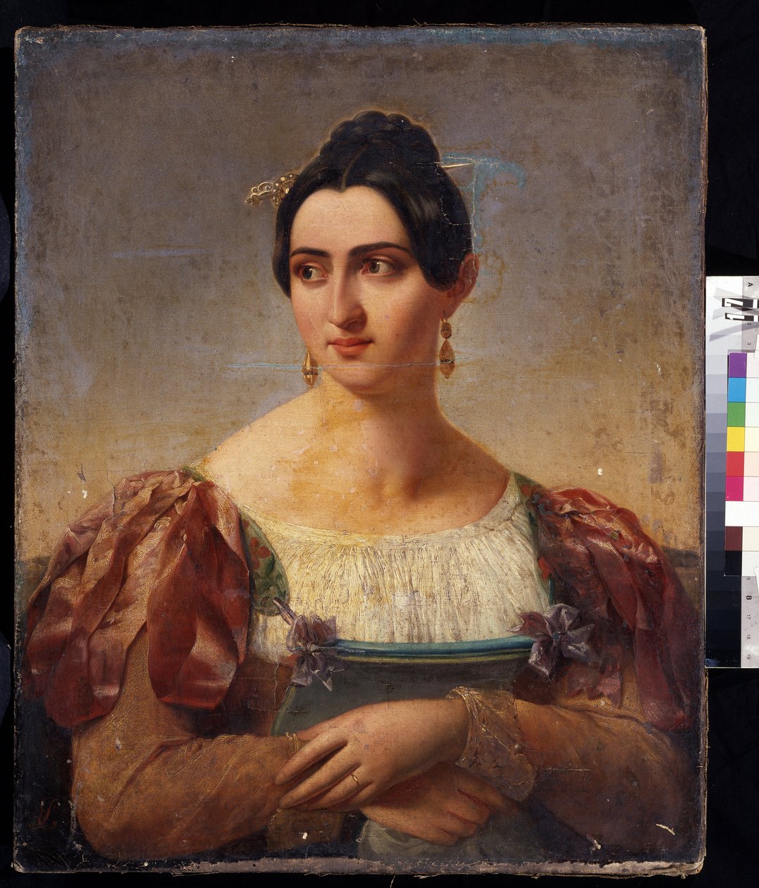 ""Retrato de uma mulher"" (Retrato feminino) Jovem da nobreza italiana, vestida com um vestido com fitas nos ombros. Pintura da escola italiana do início do século XIX. Museu Pushkin, Moscou de Italian School