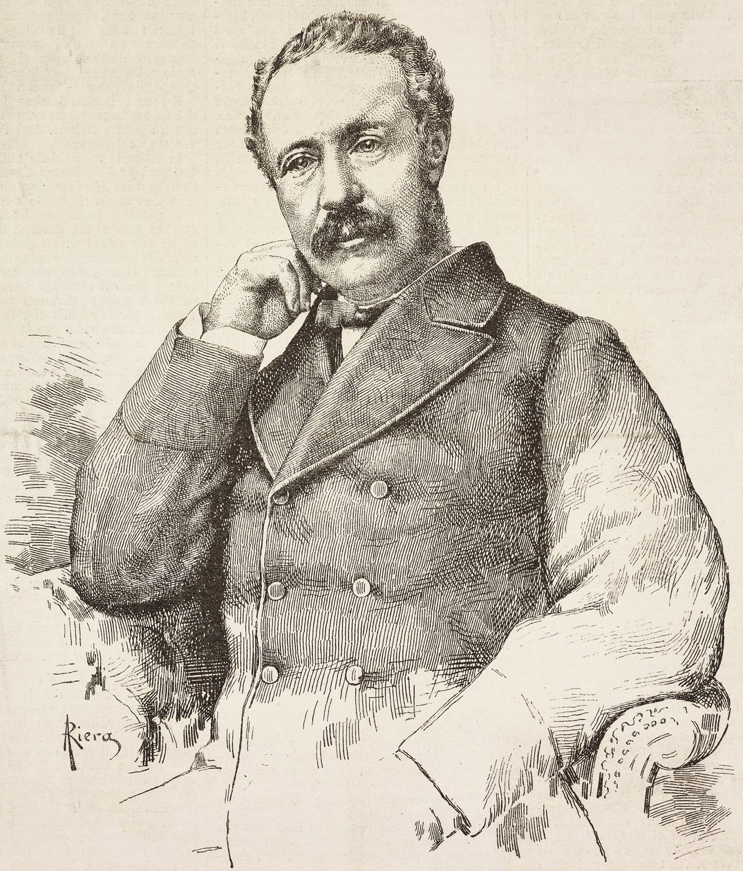 Retrato de Charles George Gordon, conhecido como Gordon Pasha (1833-1885), general britânico, gravura de desenho de A Riera, de L