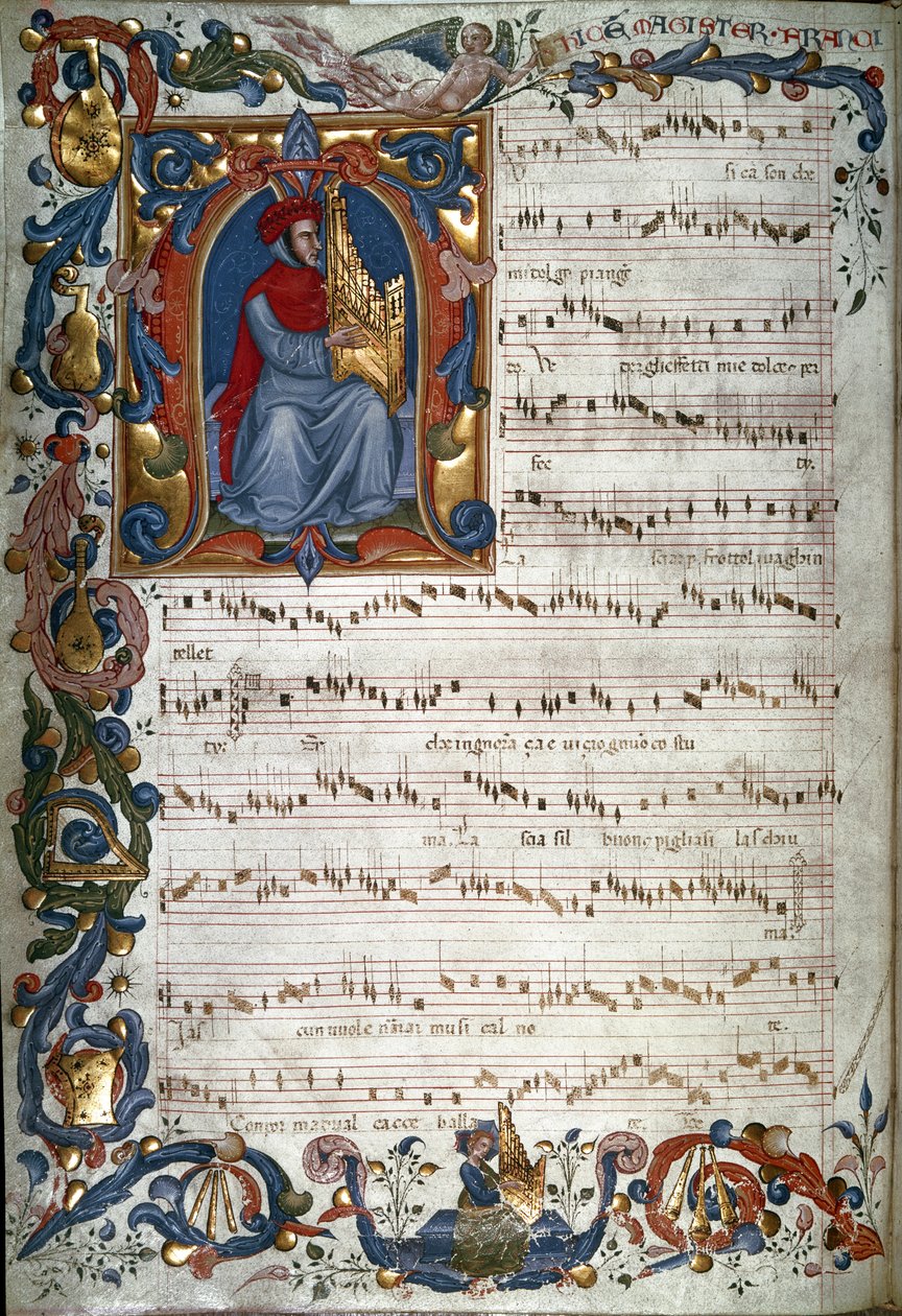Retrato de Francesco Landino e uma partitura musical, ilustração de "The Squarcialupi Codex", c.1325-35 de Italian School