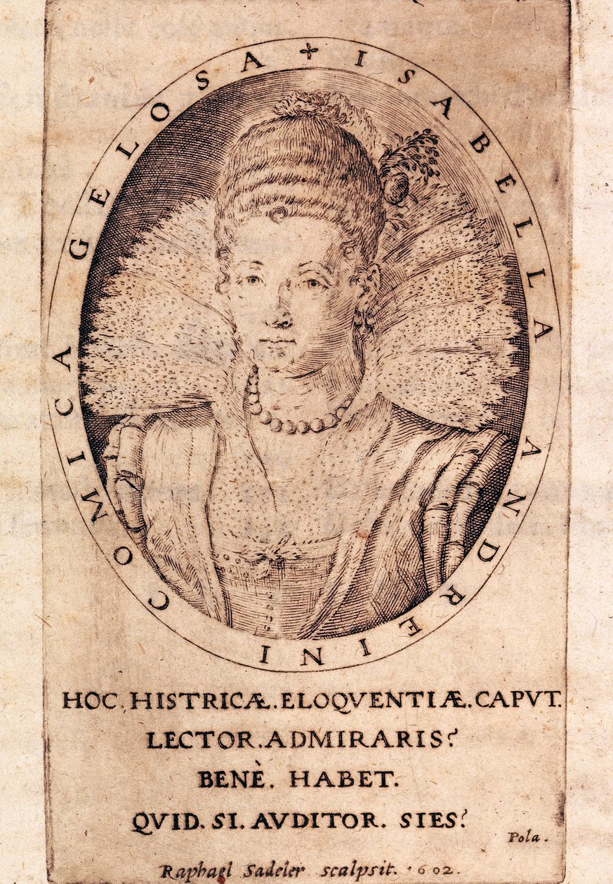 Retrato da actriz italiana Andreina Isabella Canali (1562-1604), página de rosto das suas cartas de Italian School