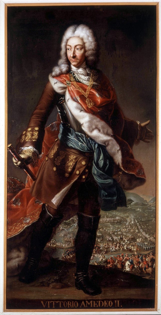 Retrato de Vittorio Amedeo II di Savoia chamado Volpe Savoiarda (1666-1732) (Victor Amedee II ou Victor-Amedee), Duque da Sabóia e Rei da Sicília e depois da Sardenha. Pintura conservada no Castelo A. Racconigi. de Italian School