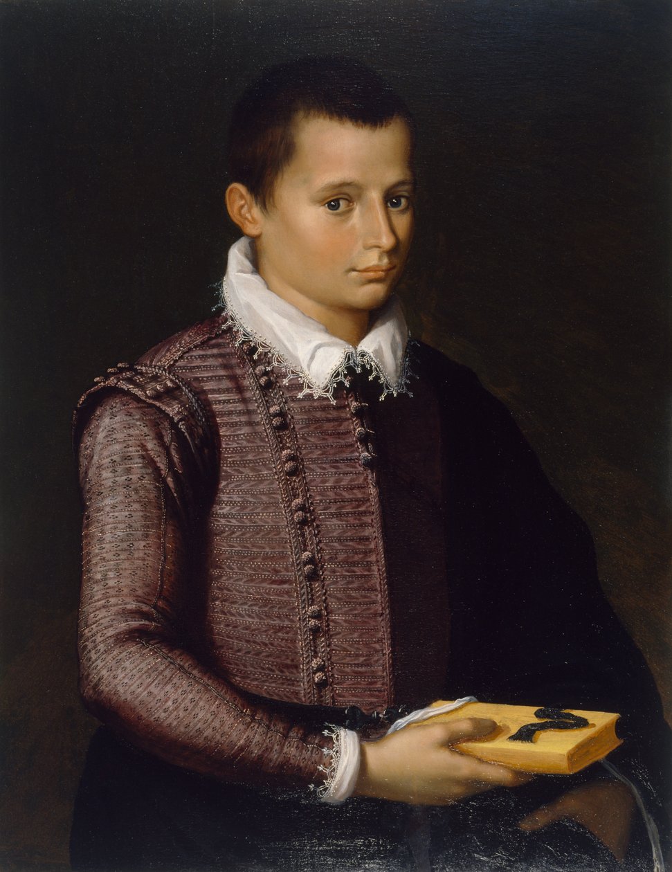 Retrato de um menino segurando um livro (óleo no painel de lindenwood) de Italian School
