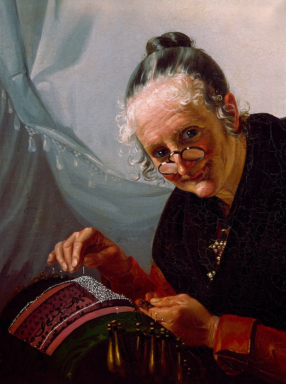 Retrato de renda Uma mulher velha sorrindo com um par de lorgnons em frente ao seu trabalho. Pintura da escola veneziana. Veneza do século XIX, museu Correr de Italian School