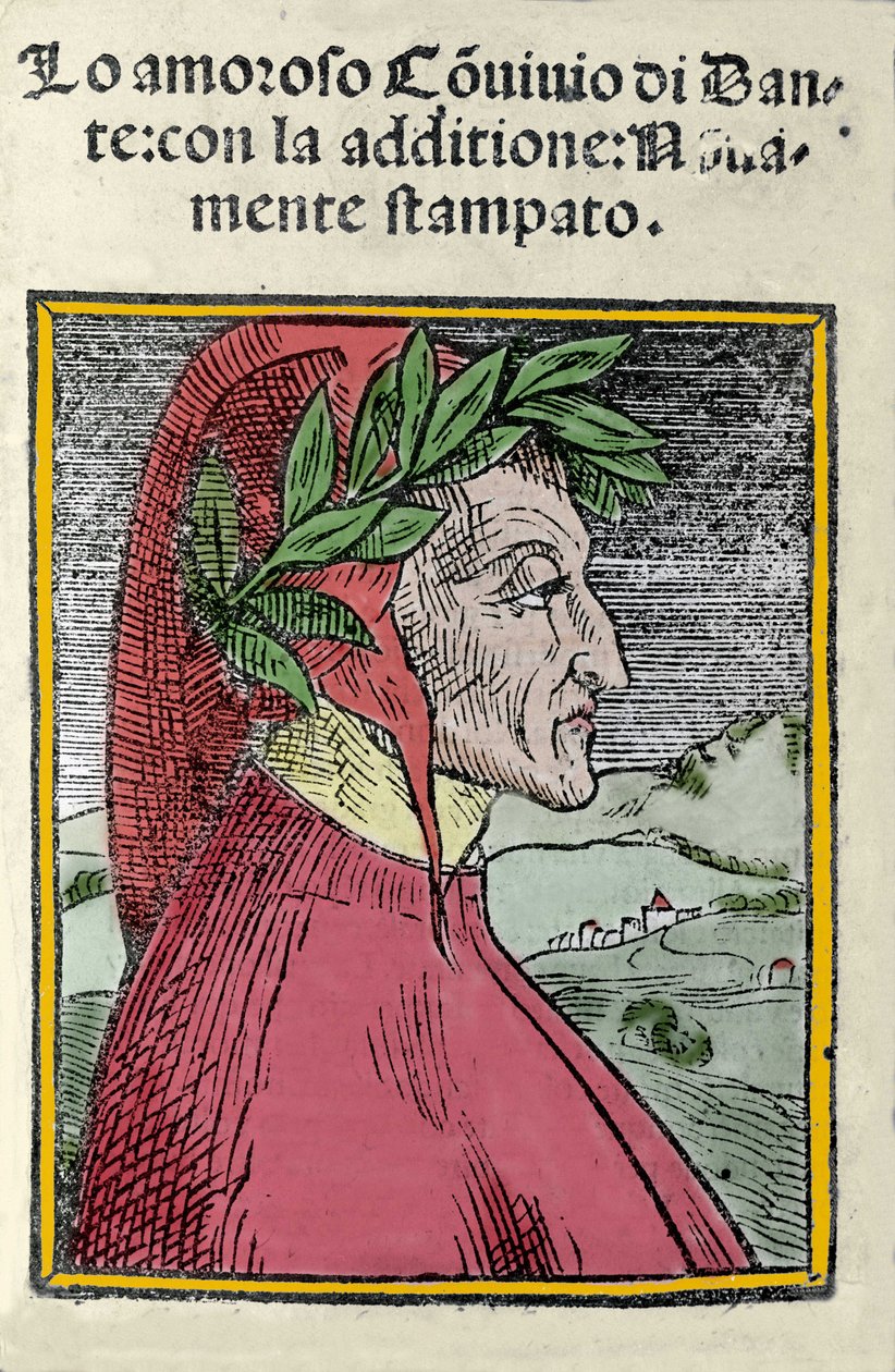 Retrato do poeta italiano Dante Alighieri (1265-1321). Gravura. Frontispício do "Il convivio" de 1554 de Italian School