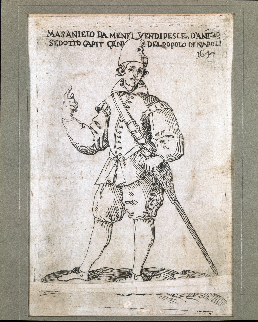 Retrato do pescador napolitano e revolucionário Masaniello (1623-1647) (Retrato de Masaniello, pescador napolitano e líder da revolta contra o domínio dos Habsburgos em Nápoles, em 1647) Gravura do Museo Nazionale di San Martino Naple do século XVII de Italian School