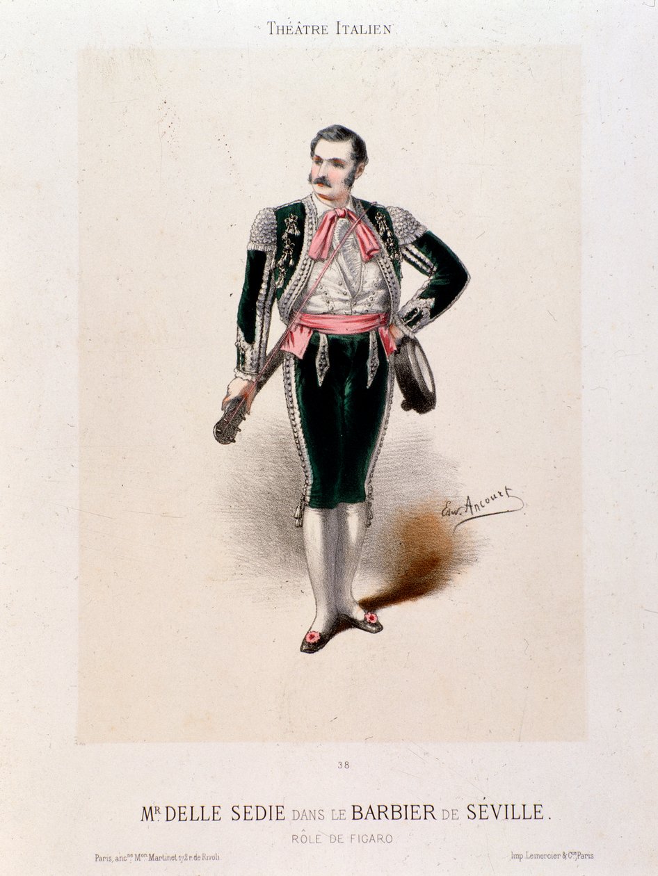 Retrato do cantor Enrico delle Sedie no "Barbeiro de Sevilha", de Gioachino Rossini (cor litho) de Italian School