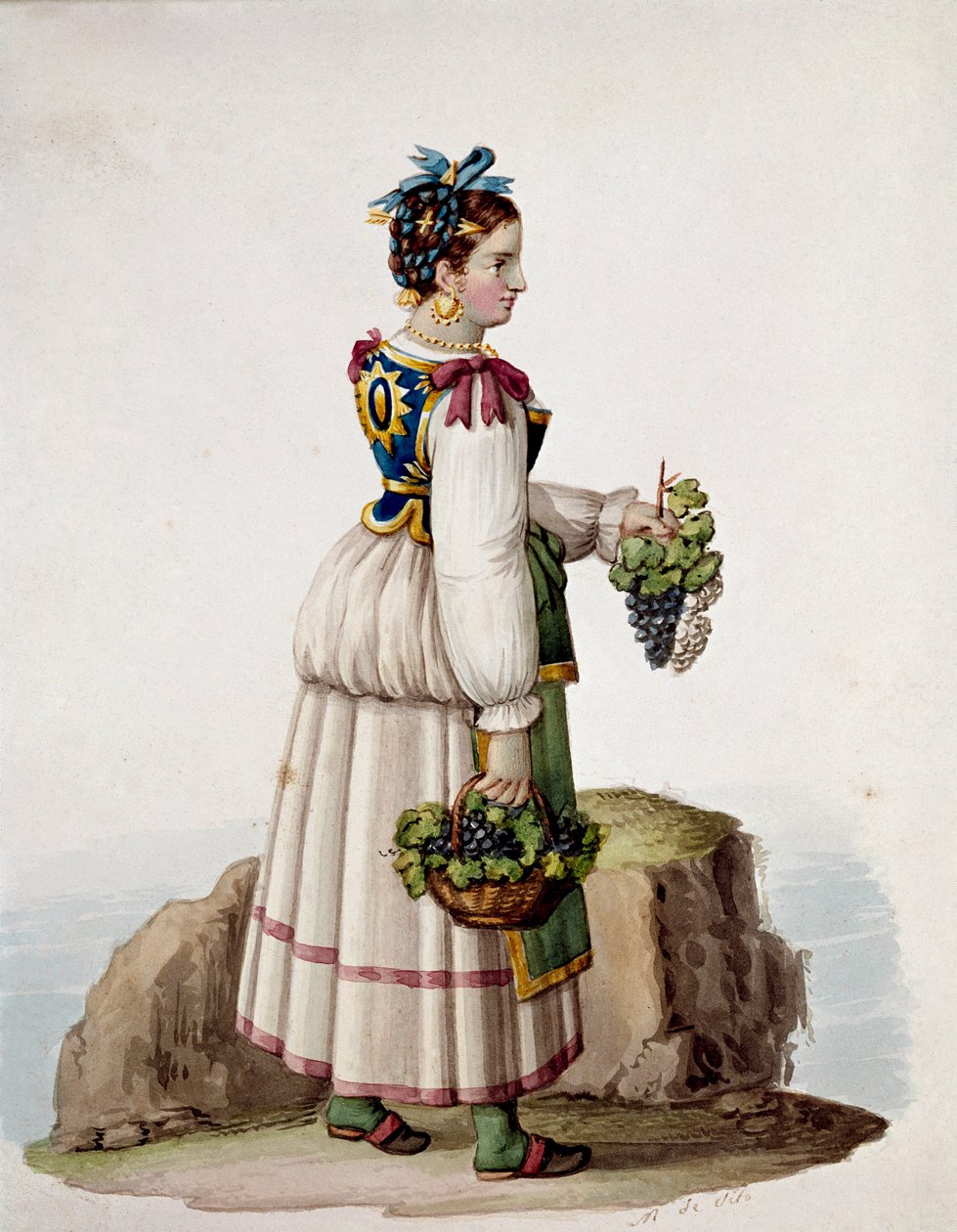 Retrato de mulher jovem de Capri, em traje tradicional, segurando uvas - (Comércio antigo: mulher jovem de Capri, segurando uvas) Aguarela do século XIX Museo Nazionale di San Martino Nápoles de Italian School