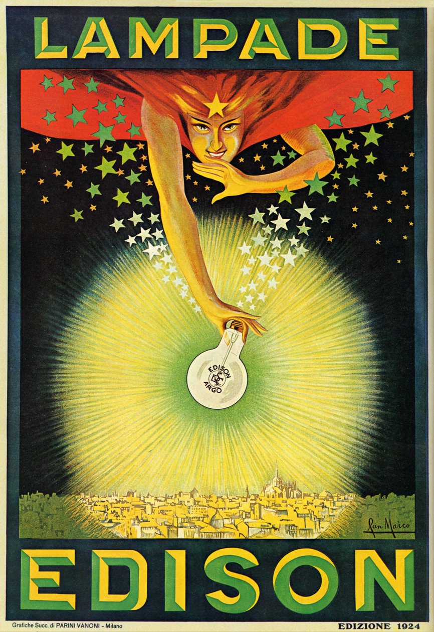 Cartaz publicitário das lâmpadas Edison, Milão, Itália de Italian School