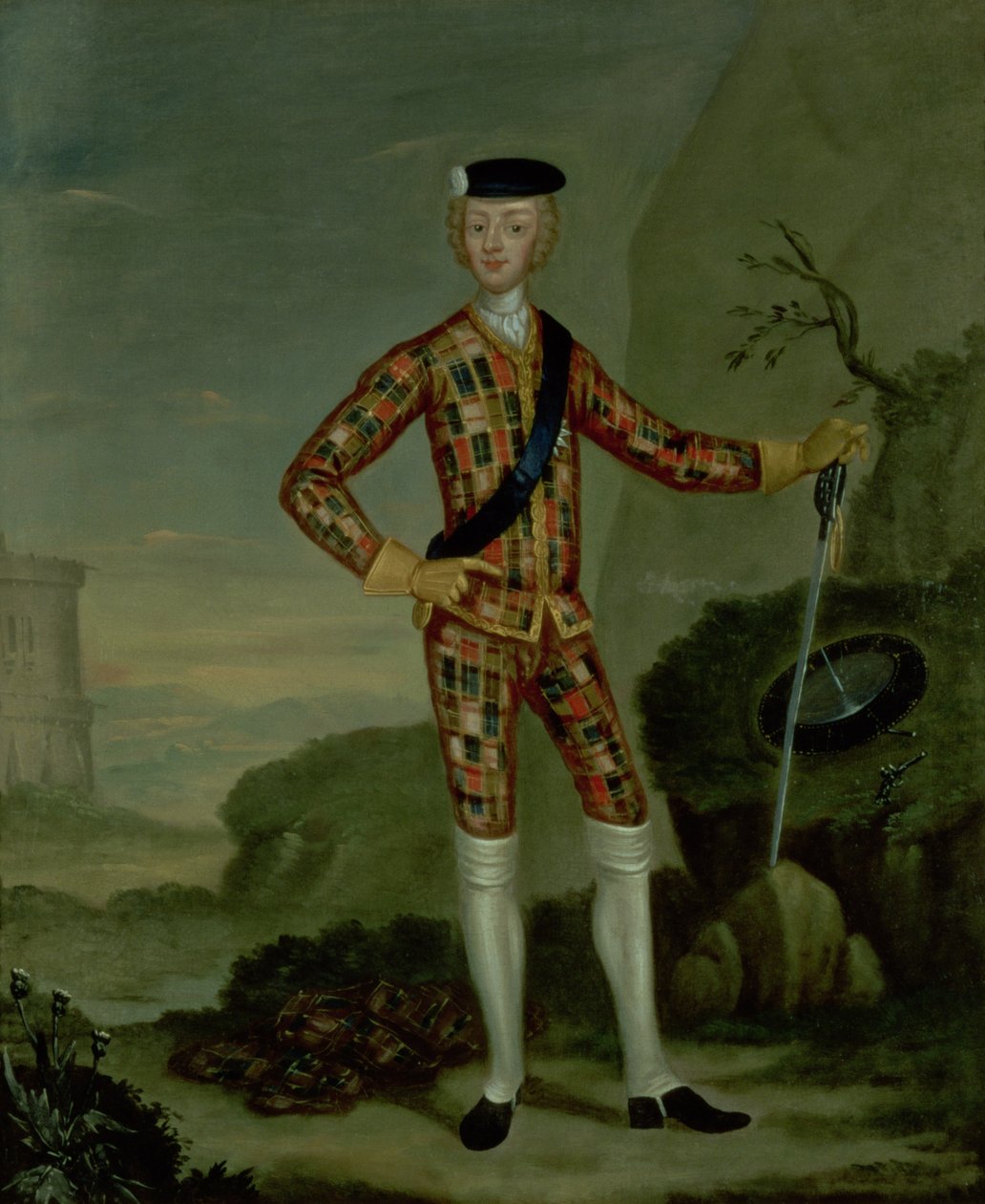 Príncipe Charles Edward (Bonnie Prince Charlie, 1720-88) em Tartan de Italian School