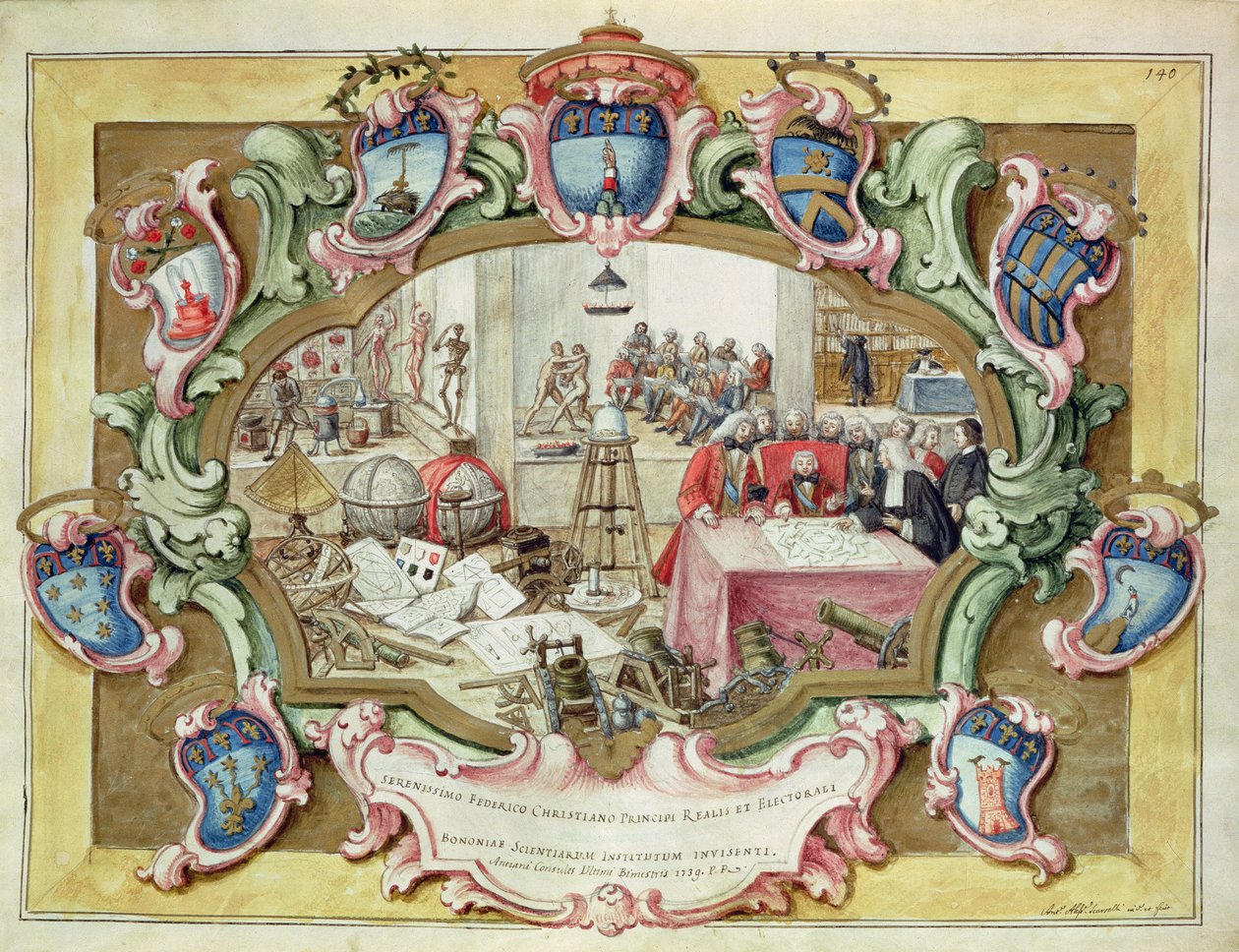 Príncipe Frederick Christian da Polónia em visita ao Instituto de Ciências de Bolonha em 1739 (aguarela sobre papel) de Italian School