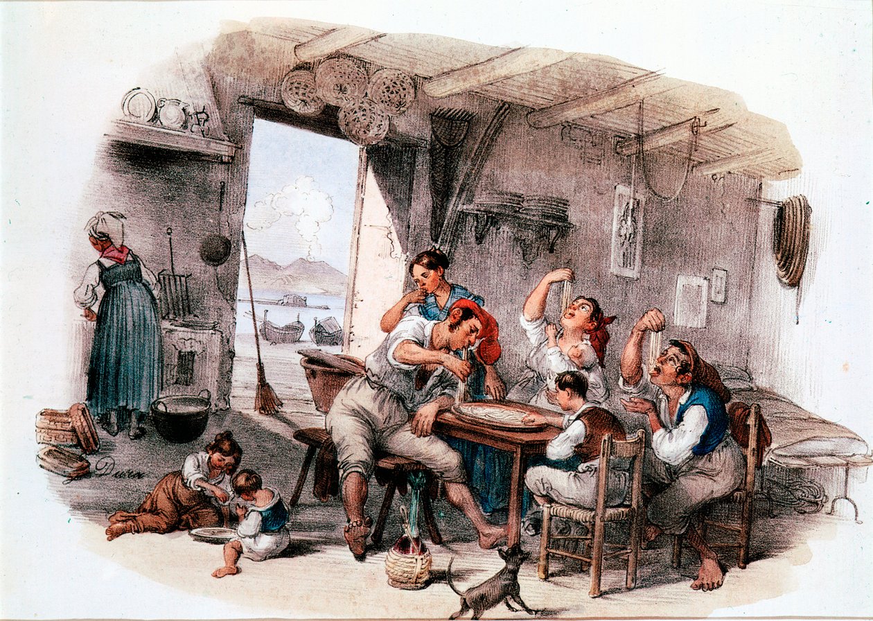 Provavelmente família napolitana comendo maccheroni com as mãos Gravura anónima do século XIX. Roma Museo Nazionale delle Paste Alimentari, Fondazione Agnesi de Italian School