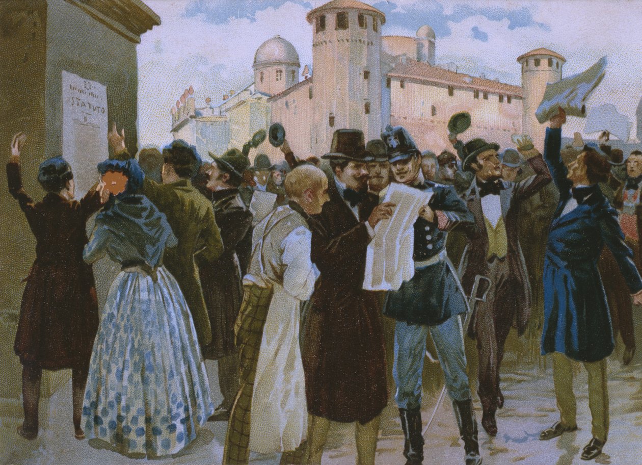 Proclamação dos resultados do plebiscito de 4 de março de 1848 perante o Palazzo Reale em Turim, ilustração de um álbum sobre a história do Risorgimento feito para o chocolate Talmone, final do século XIX de Italian School
