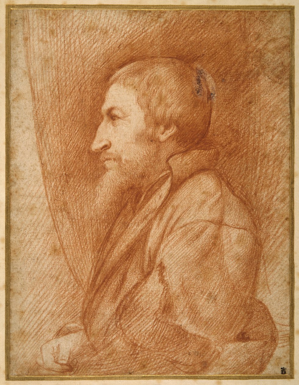 Retrato de perfil (auto-retrato?) de um homem barbudo (giz vermelho sobre papel) de Italian School