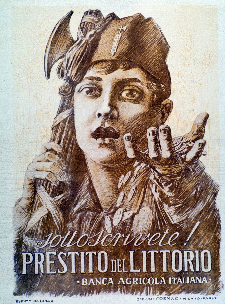 Cartaz de propaganda fascista para o empréstimo Littorio de Italian School