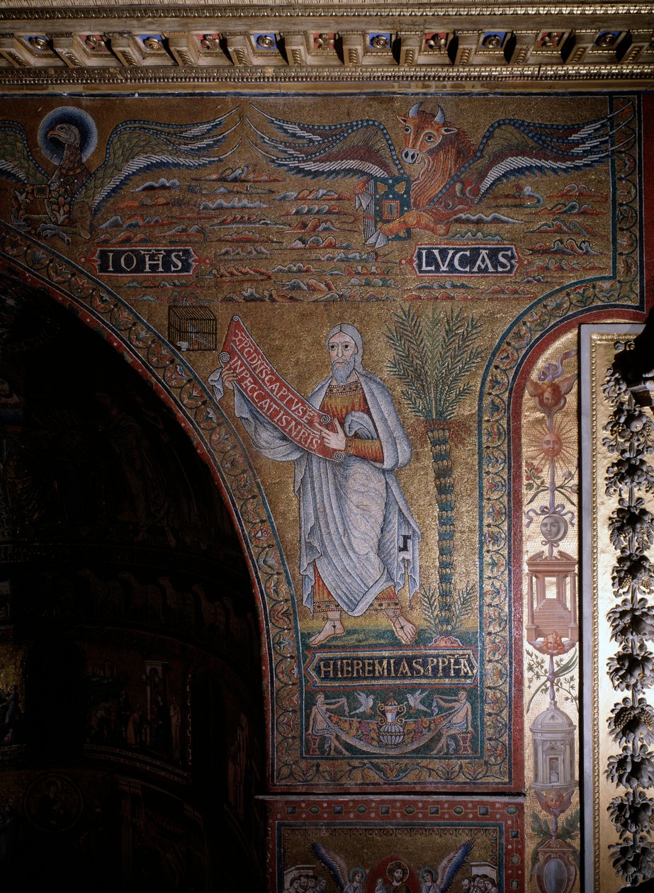 Profeta Jeremias e símbolos dos evangelistas João e Lucas Mosaico Anónimo do século XII Roma, Igreja Santa Maria em Trastevere Itália de Italian School