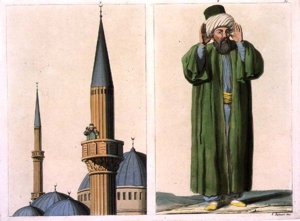Muezzin público e detalhe, placa 37 da Parte III, Volume I de "A História das Nações", gravado por V. Raineri (aquatint) de Italian School