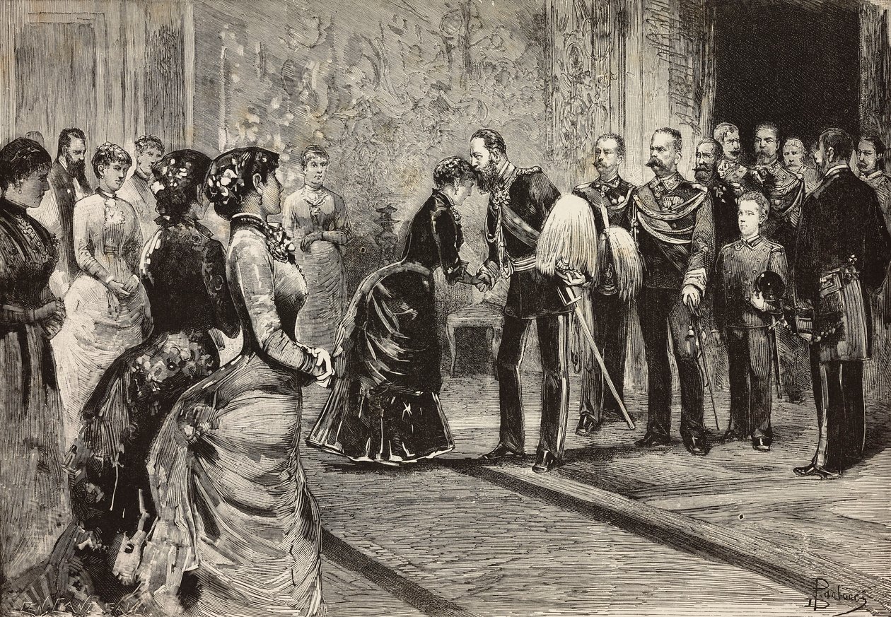 Rainha Margherita e Umberto I recebendo o príncipe herdeiro da Alemanha (futuro Frederico III) no Quirinale, Roma, Itália, gravura de desenho de Dante Paolocci, de L
