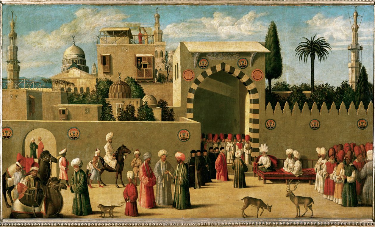 Receção de uma embaixada veneziana numa cidade oriental ... de Italian School
