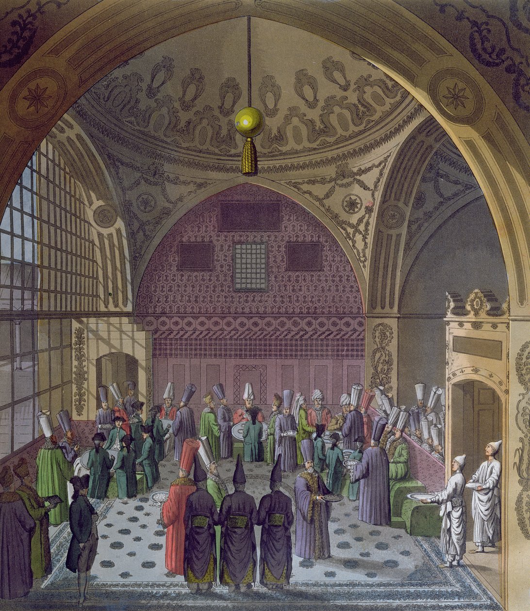 Recepção dos embaixadores ocidentais pelo grão-vizir do sultão em Constantinopla, c.1820 (gravura a cores) de Italian School