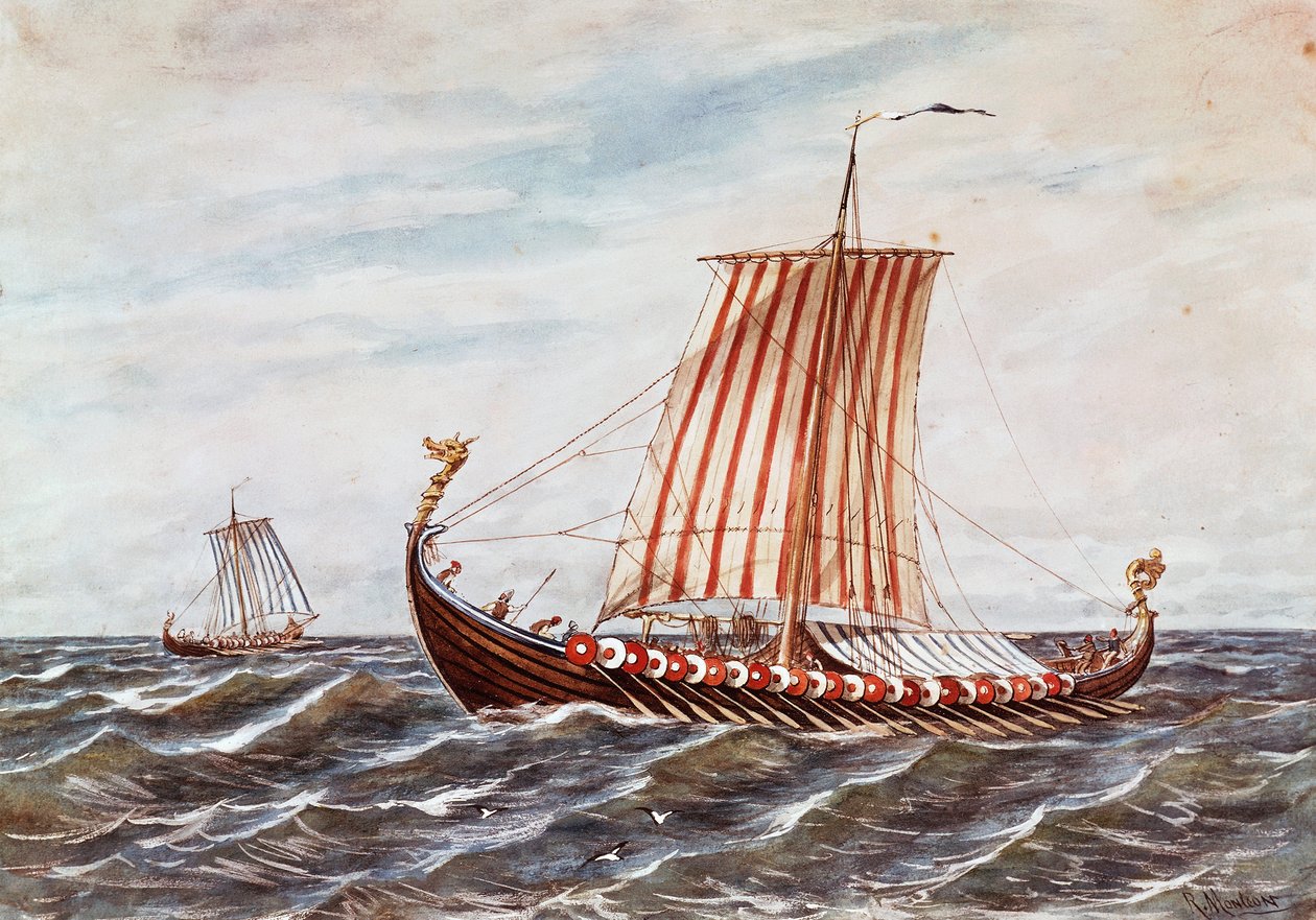 Reconstrução de Barcos Viking do Século X (cor litho) de Italian School