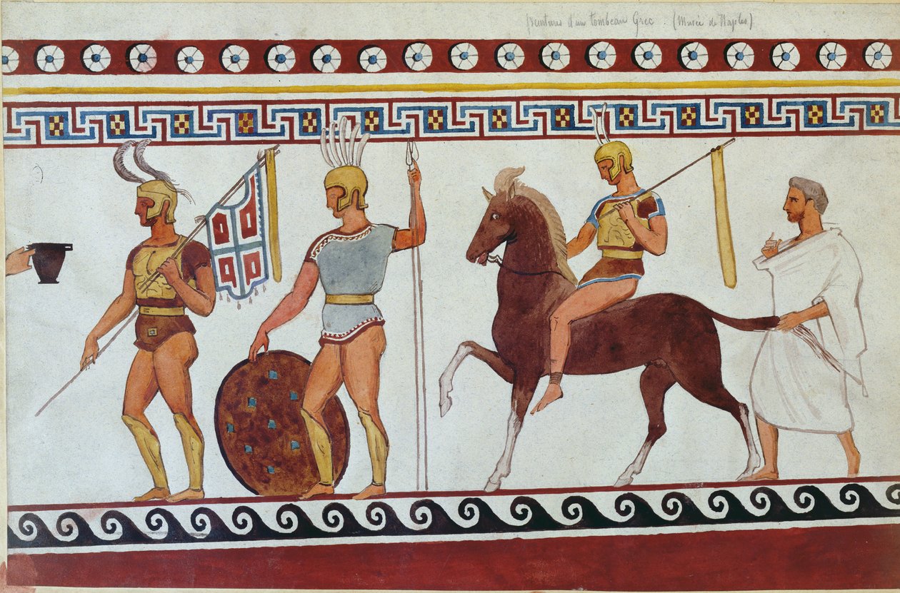 Reconstrução da pintura de túmulos de Paestum representando soldados gregos e cavalaria (ver também 186246, 119488 e 444298) de Italian School