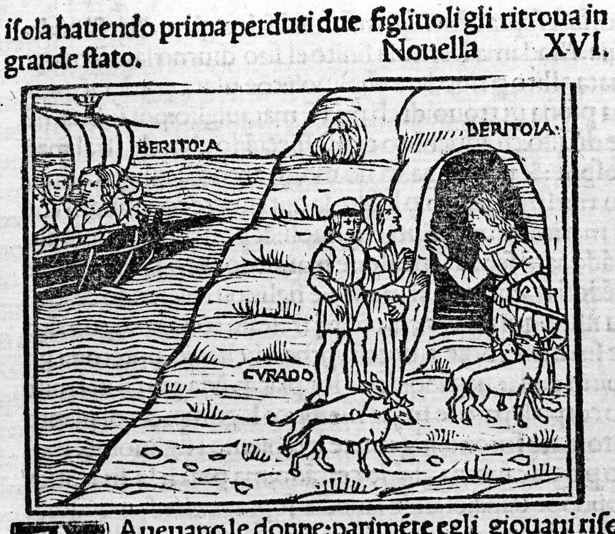 Reet de Beritola. Ilustração para a notícia 16 (Novo 6 do segundo dia) do "Decameron" de Giovanni Boccaccio dit Jean Boccaccio (1313-1375), escritor italiano. Gravura em "Decamerone ouer Cento nouelle" Veneza, Bartolomeo de 
