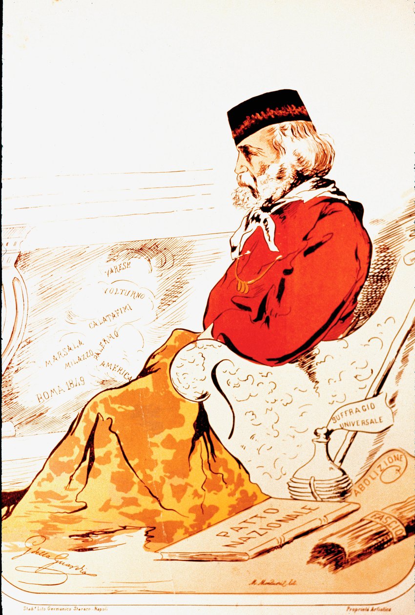 Representação por membros do direito parlamentar dos Heros do Risorgimento e do patriota italiano Giuseppe Garibaldi (1807-1882) em 1874. Desenho. Roma, Museo del Risorgimento de Italian School
