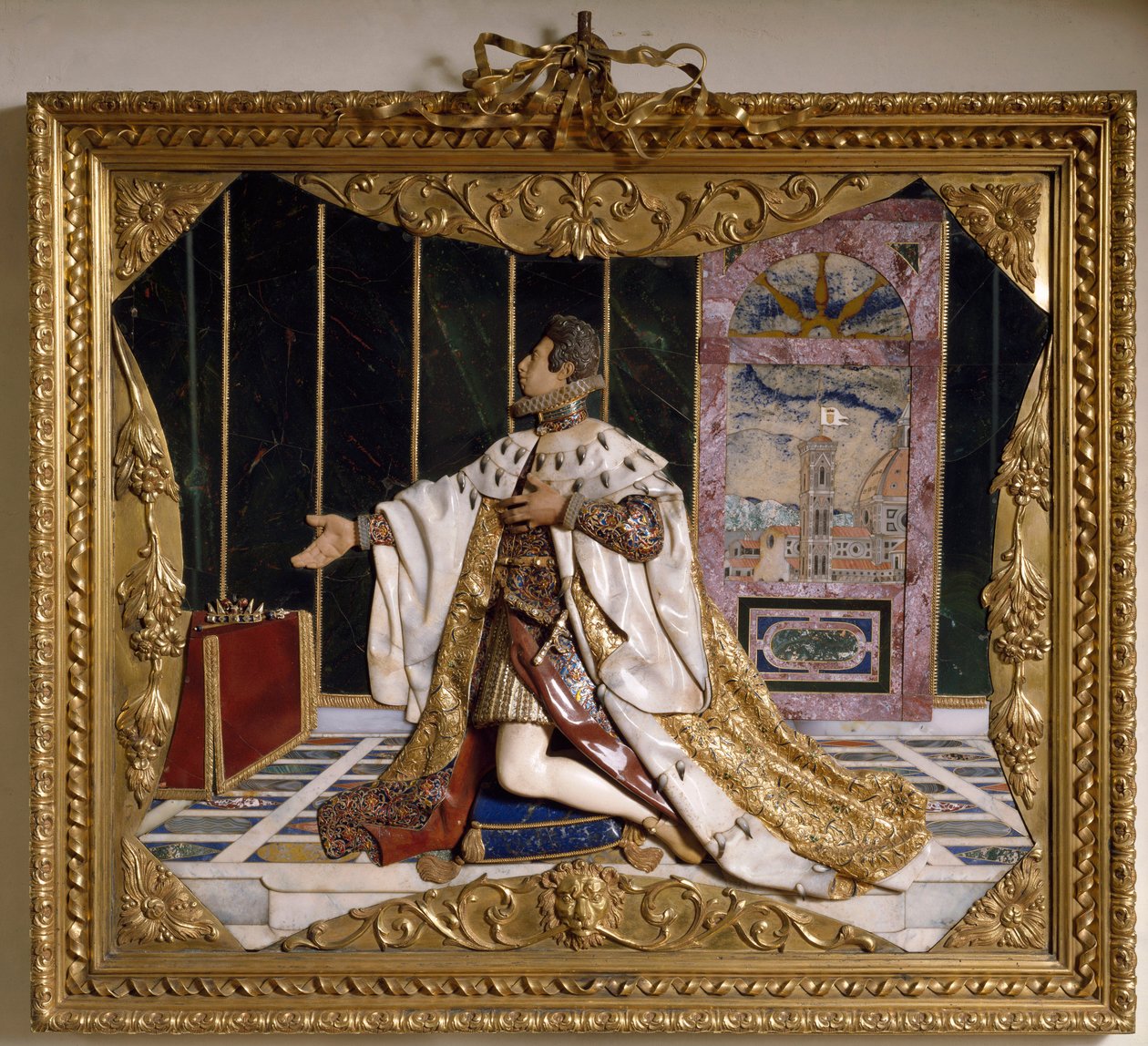 Representação de Cosimo II de Medicis (1590-1621) (Cosimo II de Medici), Grão-Duque da Toscana (Cosimo II de Medici, Grão-Duque da Toscana) Alto relevo de pedras esculpidas, ouro e brilhantes (Alto relevo) 1617-1624 Florença, Museo degli Argenti, gato 486 de Italian School