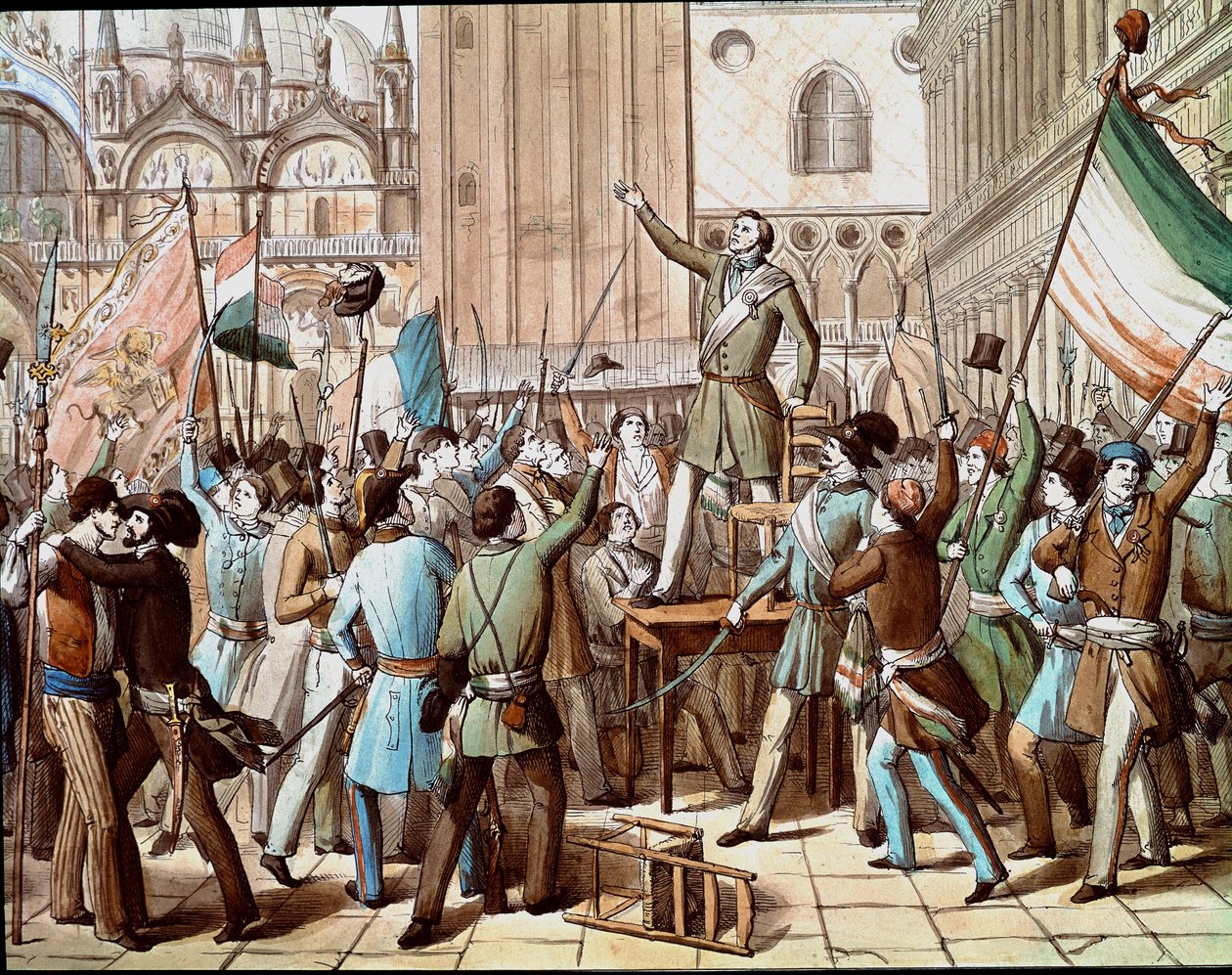 Representação de Daniele Manin (1808-1857), político que liderou a revolução de Veneza contra a presença austríaca em 1848: a proclamação da República de Veneza em março de 1848. (Proclamação da República de Veneza, em março de 1848, com uma representatio de Italian School