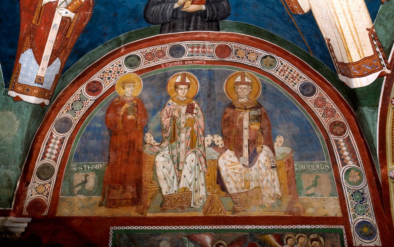 Representação de Santo Estêvão, mártir cristão, São Tomás Becket (1118-1170), Arcebispo de Cantuária e São Nicolau de Myra ou Bari (270-345) Afresco anónimo (século XIII) Igreja baixa. Mosteiro de São Benedetto (Sacro Speco), Subiaco (Rom de Italian School