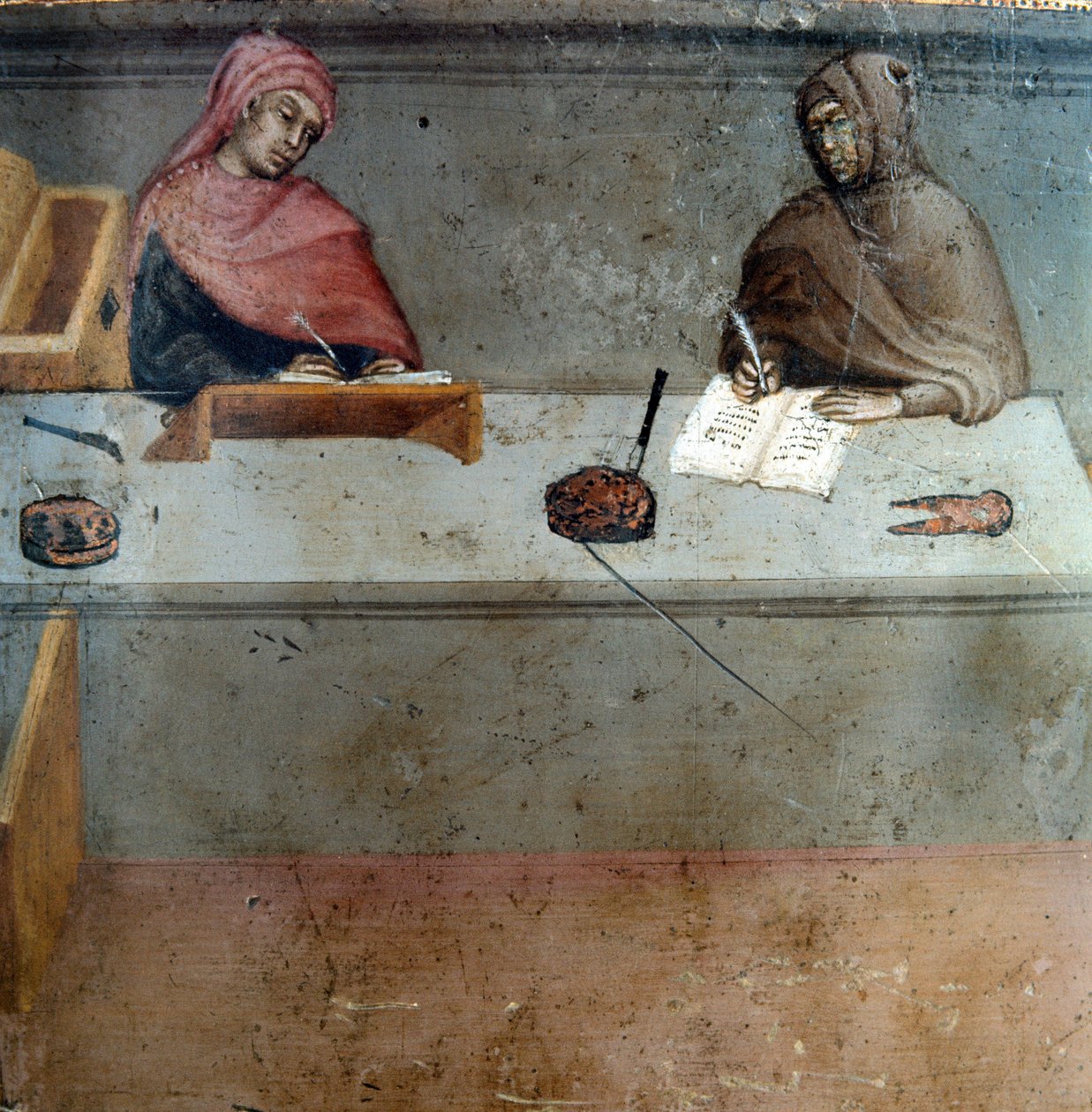 Representação de um camerlinguista, assistente de um copiador Anônimo sobre madeira de um Biccherna (capa do registro contábil da cidade de Siena) 1388. Siena Archivio di Stato, Itália de Italian School